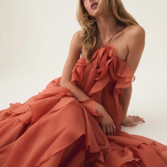 AJE Pandorea Layered Maxi Dress Floral Ruffle Coral Clay US 6 NWT - Picture 6 of 16